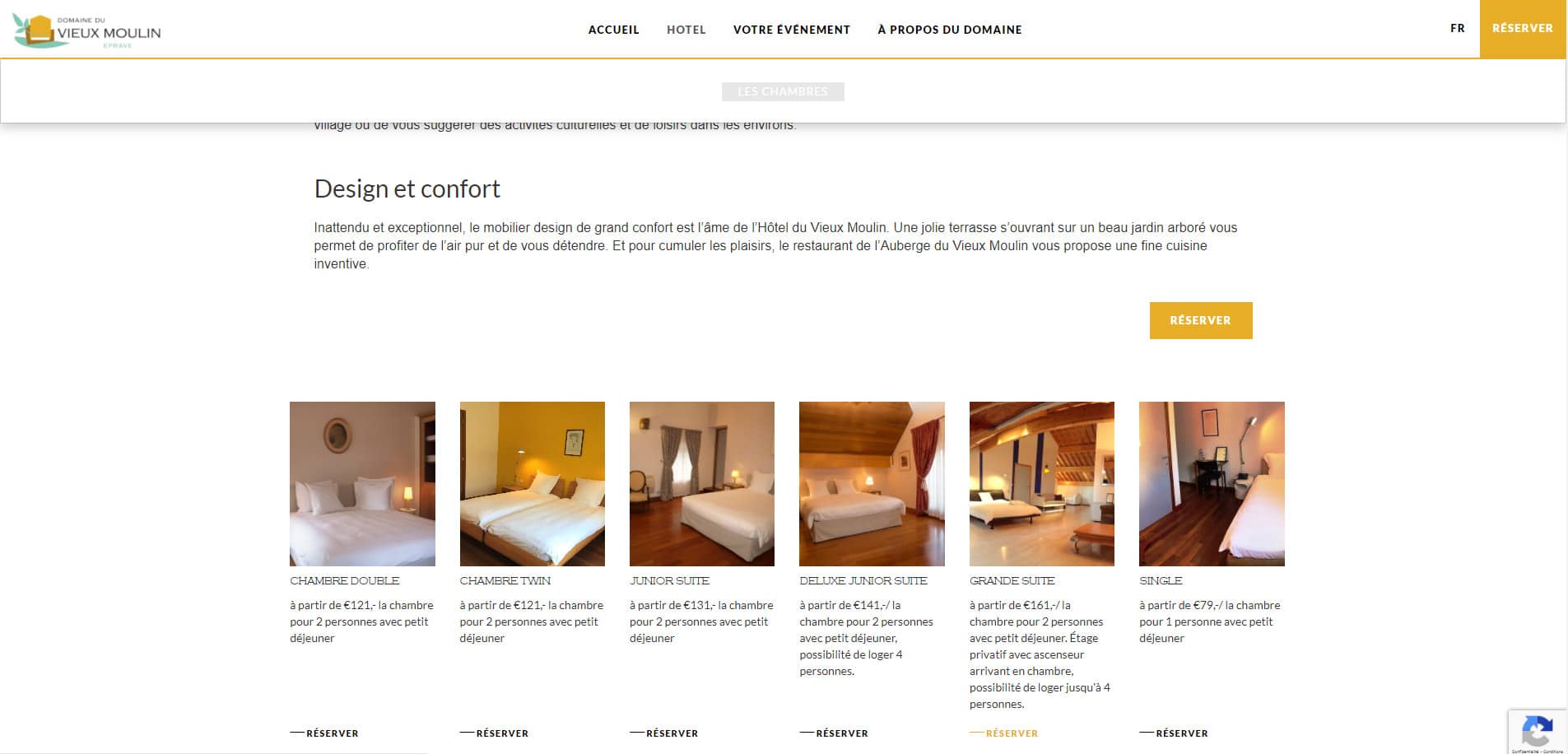 page des chambres du site web domaine d'Épravex