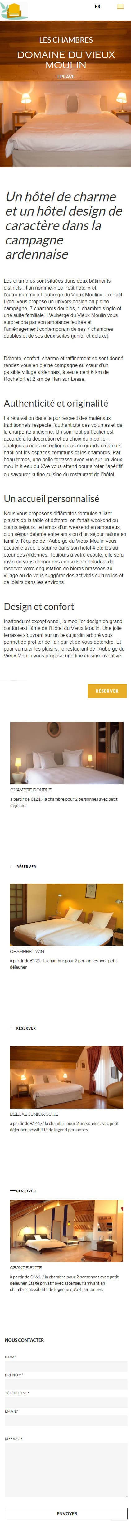 page des chambres du site web domaine d'Éprave en format smartphone