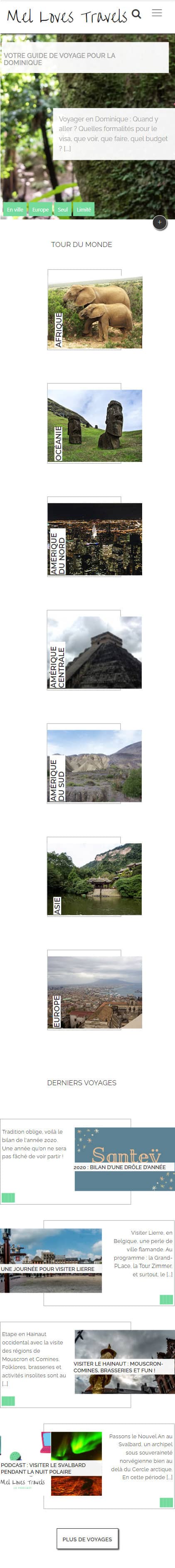 page d'accueil du site web mellovestravels.com en format smartphone