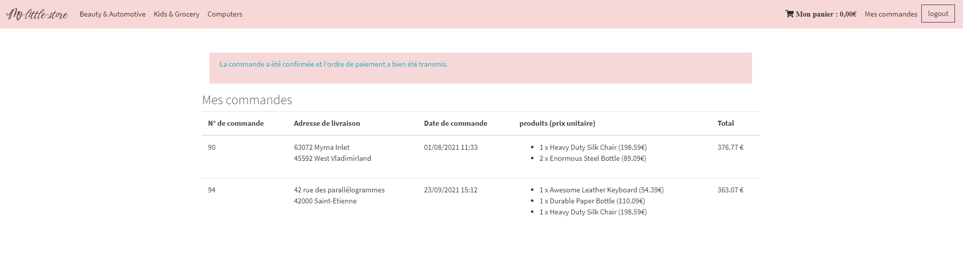 confirmation commande et transmission paiement