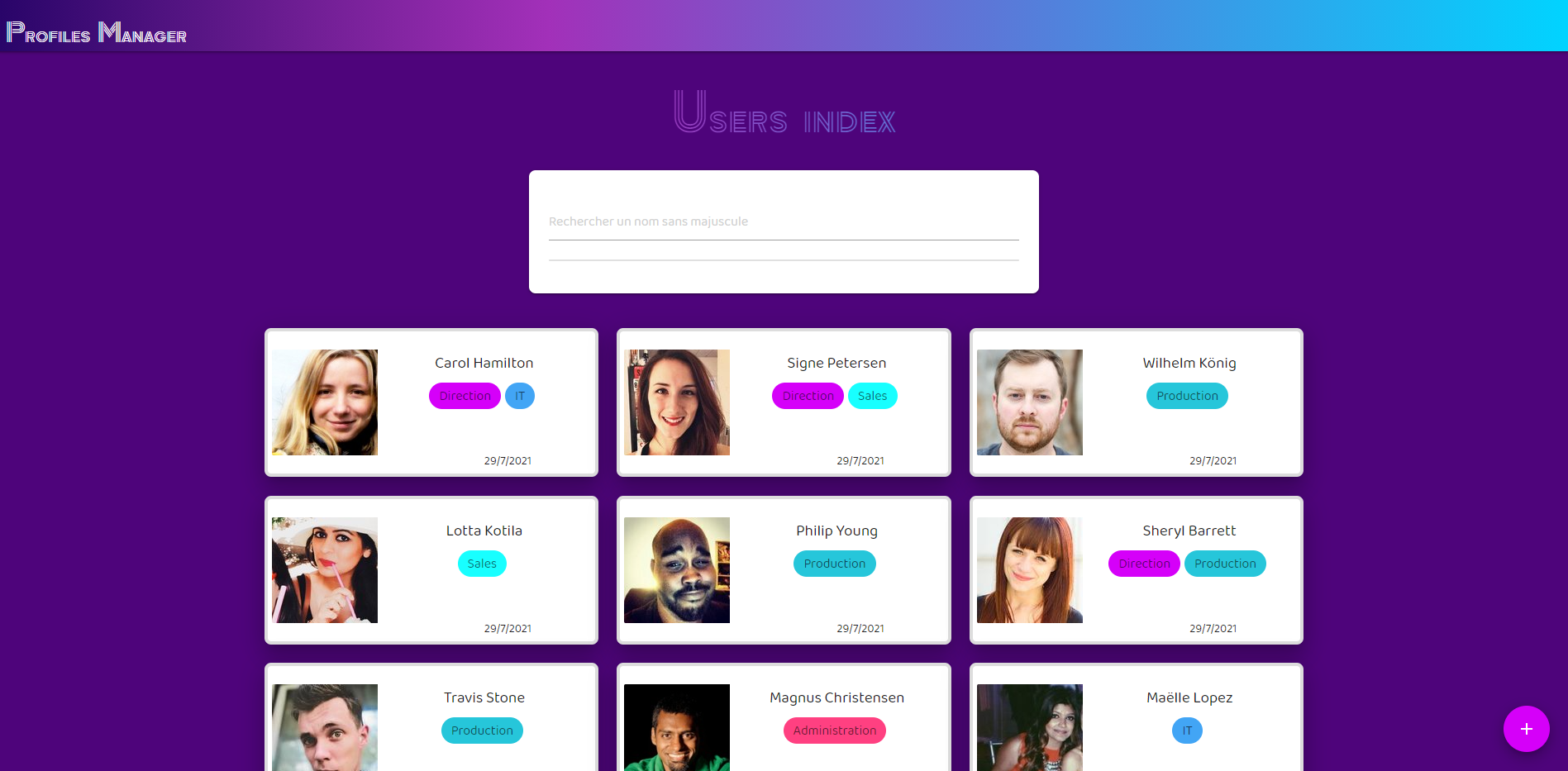application de gestion de profils développée avec React
