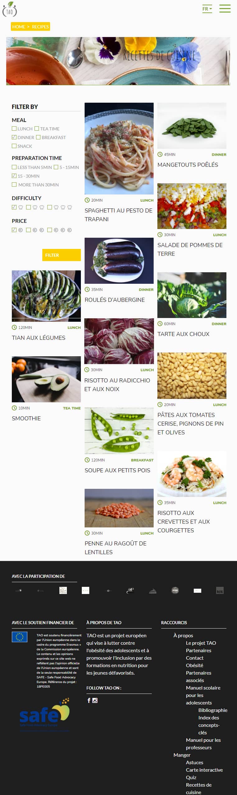 page des recettes du site web meet-tao en format tablette
